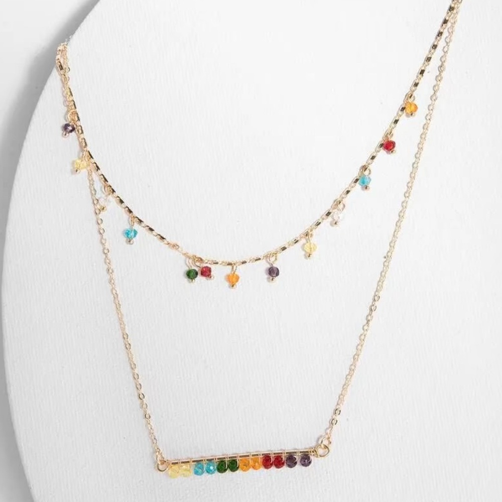 Double Strand Dainty Necklace Rainbow Beads & Goldtone Chain SACCHI NWT